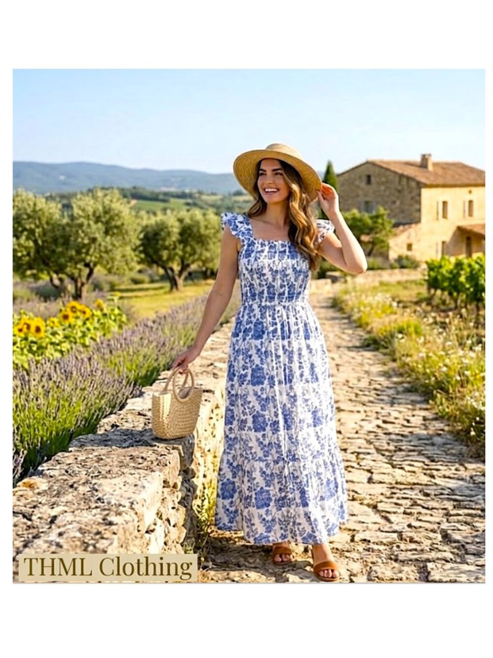 THML - 100% cotton Penelope blue &white floral sleeveless sundress